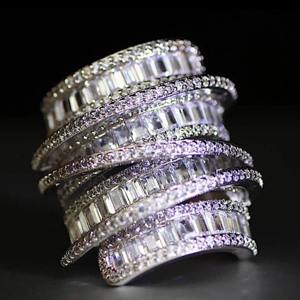 14k White gold plated Baguette Cubic Zircon Multilayer Cross Over Statement Ring